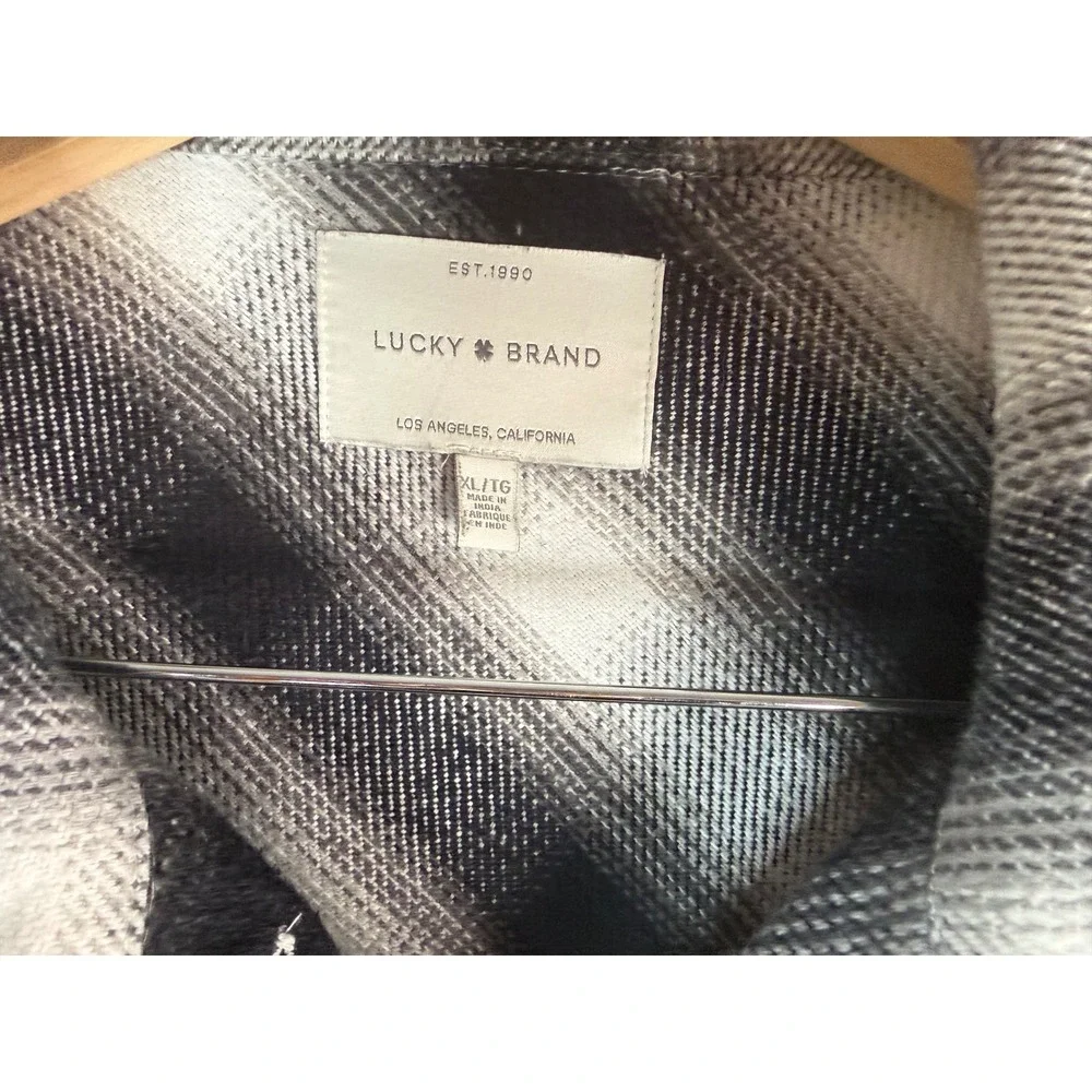 Lucky Brand Plaid Shirt Jacket Mens XL Black White Cotton Flannel Shacket Coat